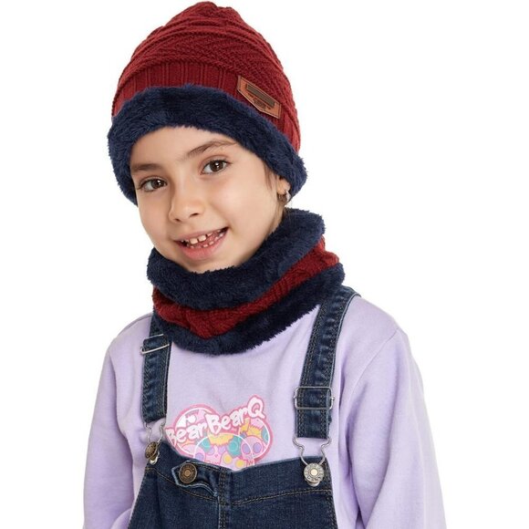 Kids Boys Girls Winter Warm Knit Beanie Hat Cap Neck Scarf Set with Fleece - Picture 6 of 6